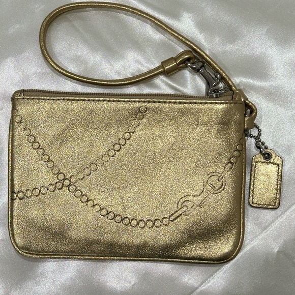 Coach Wristlet Wallet Leather Metallic Gold Chain Logo Spellout Y2K New - Picture 3 of 8